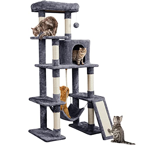 Yaheetech Large Multi-Level Cat Tree, 63 Inches Tall with Sisal-Covered Scratching Posts, Condo, Hammock, Dangling Ball, and Extended Platform for Cats to Play and Sleep - Dark Gray