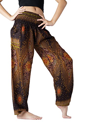 B BANGKOK PANTS Harem Pants Women Yoga Boho Clothes with Pockets - One Size - Brown Peacockeye