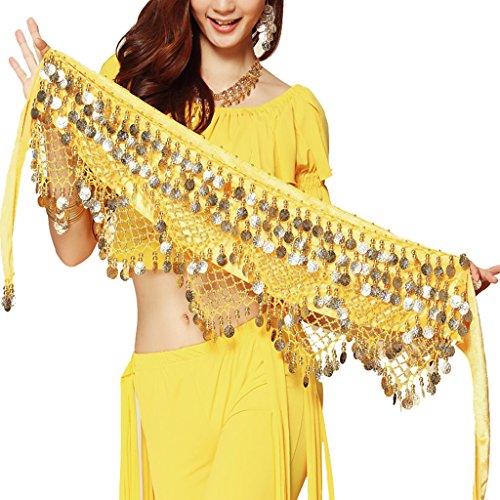 Wuchieal Women's Sweet Bellydance Hip Scarf with Gold Coins Skirts Wrap Noisy - One Size - Yellow