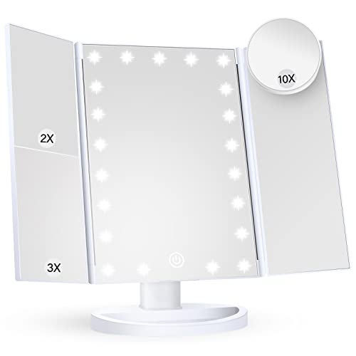 Makeup Mirror Vanity Mirror with Lights, 2X 3X 10X Magnification, Lighted Makeup Mirror, Touch Control, Trifold Makeup Mirror, Dual Power Supply, Portable LED Makeup Mirror, Women Gift (White) - White