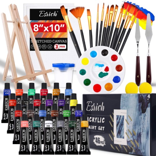 Acrylic Paint Set,46 Piece Professional Painting Supplies with Paint Brushes, Acrylic Paint, Easel, Canvases, Palette, Paint Knives, Brush Cup and Art Sponges for Hobbyists and Beginners
