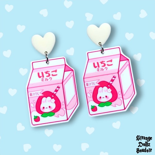 Cute milk earrings, 925 sterling silver, strawberry, rabbit, Cute pastel, Strange Dollz Boudoir