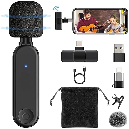 AGPTEK 3 en 1 Micrófono Inalámbrico Profesional para iPhone Android PC, Micrófono de Solapa para Movil Streaming TikTok Vlog Youtube, Plug and Play Sin Aplicación Bluetooth - Micrófono inalámbrico