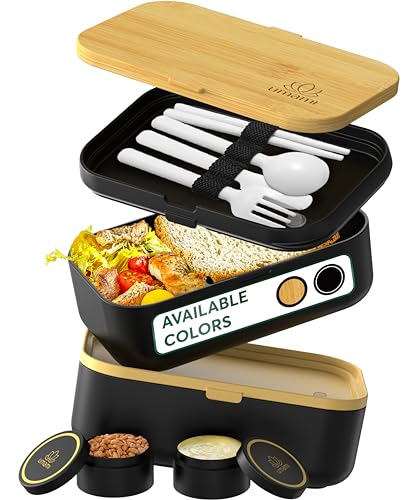 Umami Bento Lunch Box, 2 Recipiente 4 Cubiertos, Compartimentos Estilo Bento Box Japonés, Porta Alimentos Hermético, Microondas y Lavavajillas, Fiambrera Para Adultos, Zero Waste - XXL - 2000 ml - Negro & Bambú