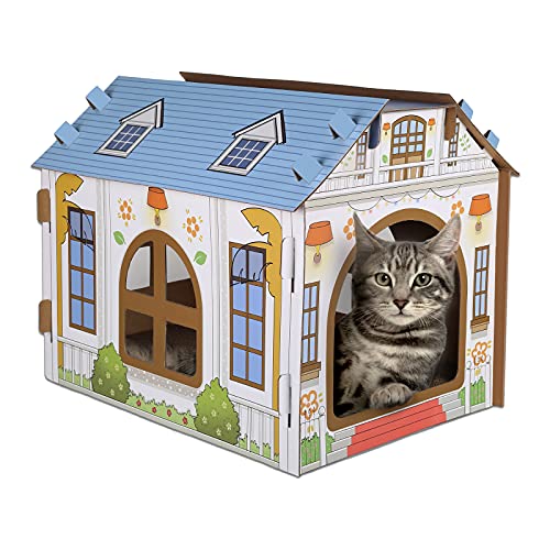 SEKAM Cardboard Cat House with Scratcher/Catnip, (16.5''L x 12''W x 13''H) Cat Play House for Indoor Cats, Cat Scratching Toy, Cat Hideaway Furniture for Cat Birthday, Hideout for Bunny Small Animals - Oceanside Villa