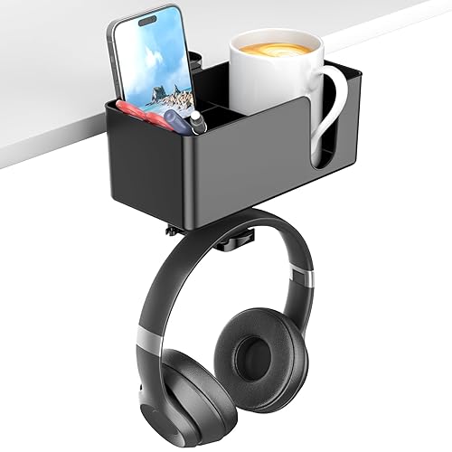KDD 4-in-1 Desk Cup Holder with Headphone Hanger - Under Desk Headphone Hook with 2 Wire Holes - Rotating Headphone Hanger and Detachable Desk Storage for Cup, Phone and Pen (Black) - Black