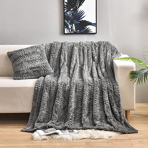 YUSOKI Luxury Double Sided Faux Fur Throw Blanket(Without Pillows),Gray Soft Fuzzy Fluffy Cozy Blanket Plush Furry Comfy Warm Blanket for Couch Bed Chair Sofa Bedroom Men Boys Gift(Grey,50" x 63") - Grey - Throw50"x63"(without pillows)