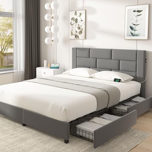 VECELO Bed Frame with 4 Storage Drawers, Upholstered Platform Bed Frame with Velvet Headboard, Charging Station, No Box Spring Needed, Dark Grey - Dark Grey