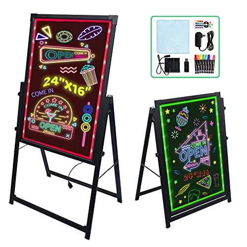 Hosim Standing A-Frame LED Message Writing Board, 24” x 16" Illuminated Erasable Neon Effect Restaurant Menu Sign, Flashing Mode DIY Message Chalkboard for Kitchen Wedding Promotions - Green+red-s1-4060