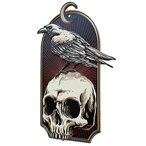 IRISVITA Metal Sign, Skull and Raven, Gothic Decor for Bedroom, Spooky Metal Wall Art, Horror Decor, Halloween Decorations Indoor, Witch Decor, Skull Decor, Grunge Room Decor, 11.7 X 6.25 Inches - Raven Skull
