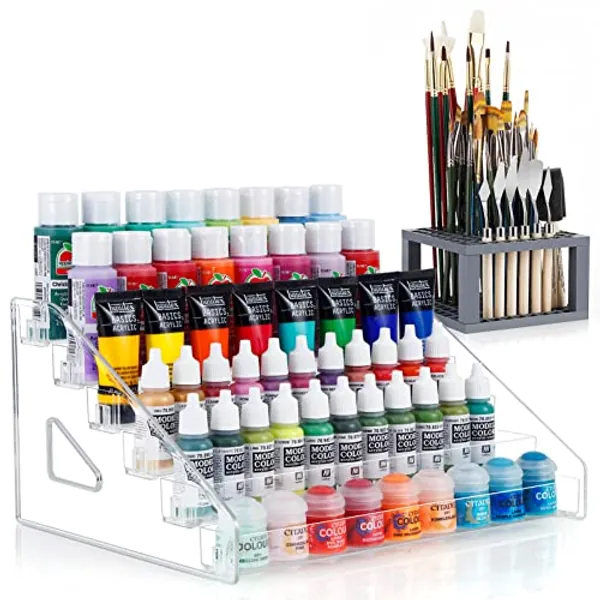 ARFETIGO 6 Layer Acrylic Paint Organizer&Paint Brush Holder Snap-on Design Easy Assembly Paint Storage Rack for Acrylic Craft Hobby Miniature Model Light Paint Can Storage (Grey)