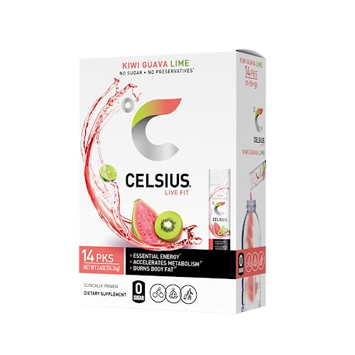 CELSIUS Kiwi Guava Lime On-the-Go Powder Stick Packs, Zero Sugar (14 Sticks per Pack) - Kiwi Guava Lime