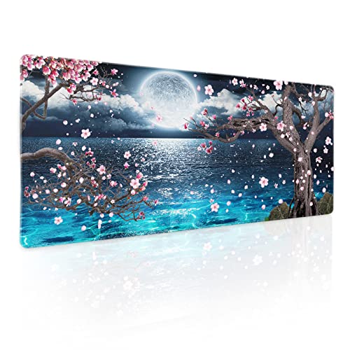 Pink Cherry Blossom Gaming Mouse Pad XL Sakura Tree Blue Ocean Moon Night Extended Big Large Desk Mat Non-Slip Rubber Base Stitched Edge Long Keyboard Mousepad for PC Computer Laptop,31.5×11.8 in - Sakura Moon - X-Large