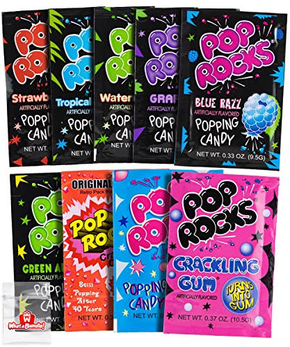 Pop Rocks Candy Variety Pack of 9 Bags - 1 Bag of Each Flavor - Nostalgic 90s Candy for Parties - Old School Popping Candy - All 9 Pop Rock Candy Flavors - Bundle with WhataBundle! Pocket Bag