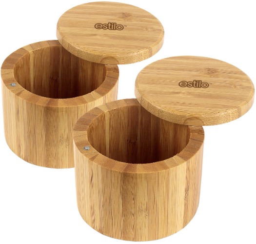 Estilo 2 pc Premium Bamboo Salt and Pepper Bowls, Wooden Spice Containers with Magnetic Swivel Lids, Perfect for Salt, Spice, Sugar, Pepper - 2-Pack