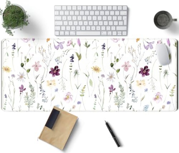 Beautiful Flowers Plants Desk Mat Cute Anime Gaming Mouse Pad Large, XL Laptop Computer Keyboard and Mouse Mat with Stitched Edges, Big Mousepad for Women Office Decor Desk Accessories 31.5x11.8 in - White Beautiful Flowers
