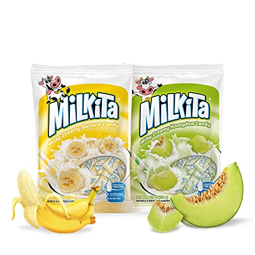 Milkita Creamy Shake Candy Bag, Gluten Free Chewy Candies with Calcium & Real Milk, Zero Trans Fat, Low-Sugar (Banana & Honeydew) 60 Pcs - Banana & Honeydew - Bag (60 pcs)