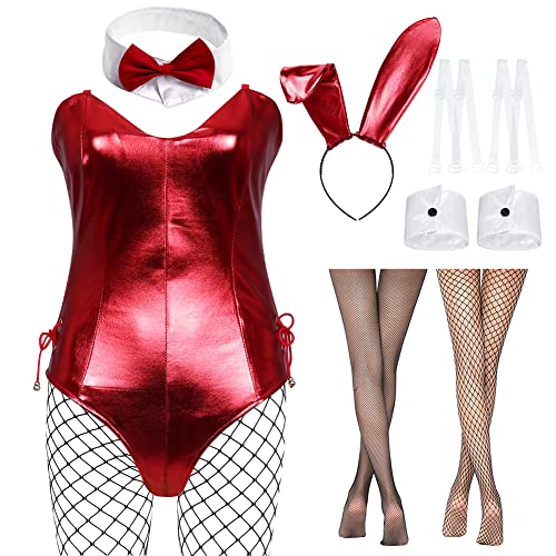 Formemory Bunny Girl Costume Adult Women Bunny Halloween Costumes Sexy Lingerie and Tails Bodysuit with Bunny Accessories for Womens Halloween Costumes Sexy - M - Red