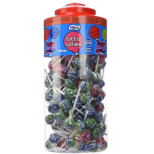 Vidal Lollipops Lotta Lollies Lollipops Tongue Painter Gluten Free, Suitable for Vegetarians 150 Lollies (Cherry Flavour Mixed Colours) - 1 Count (Pack of 150)
