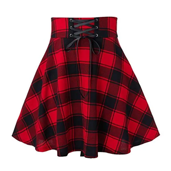 XIANGLIOOD Women's Plaid A-line High Waist Flare Pleated Short Mini Black Red Skirt Dress (Red3, M)