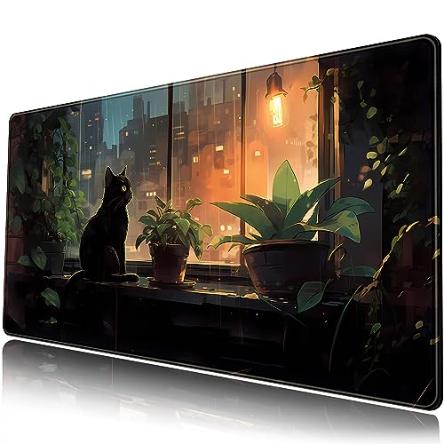 Black Cat Desk Mat Green Plants Desk Pad Anime Large Gaming Mouse Pad XL Full Desk Mousepad Extended Keyboard Mat Big Long Mouse Mat Laptop Desktop Mat Pad Cute Desk Decor for Women 31.5''X15.7'' - A Black Cat