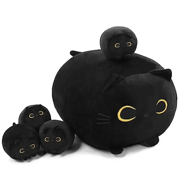 TOYSYM Black Cat Stuffed Animal Mommy Cat Plush Toys with 4 Squishy Baby Black Cat in her Tummy Soft Cute Hugging Pillows for Boys and Girls - Black Cat