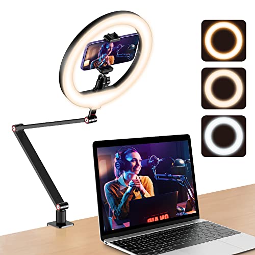 USB 10' Ring Light for Desk with Stand and Phone Holder, Ring Light with Overhead Camera Mount and Adjustable Desk Arm Stand for Photography,Makeup, Zoom Calls, YouTube Videos（Black） - Black