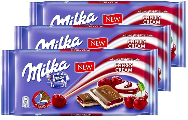 Milka Cherry Cream Milk Chocolate, 100g/3.5oz (Cherry Cream, PACK OF 3)