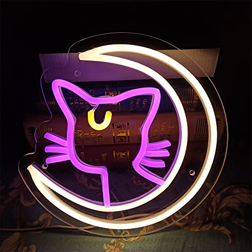 QZHFA Moon Luna Neon Sign - Anime LED Neon Lights for Wall Decor, Magic Cat Neon Signs for Girl's Room, Game Room, Kids Birthday Xmas Easter Gift white