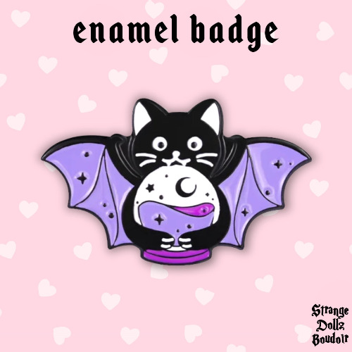 Witchy Bat Cat enamel pin badge, Halloween, Strange Dollz Boudoir