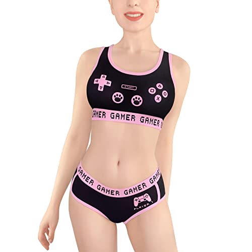 Littleforbig Women Cotton Camisole and Panties Sports loungewear Bralette Set - Playgirl - X-Large - Black
