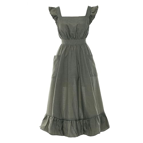 Vibsion Vintage Ruffle Apron for Women Cross Back Garden Cooking Aprons - One Size - Green