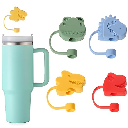 SaineeyCN 4 Pcs Stanley Straw Cover, 0.4 In/10mm Cute Cartoon Dust Proof Stanley Straw Cover Dinosaur Compatible with Stanley Cups - Dinosaur