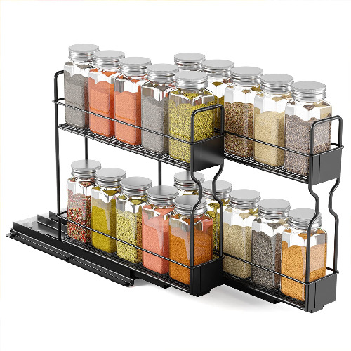 SpaceAid Pull Out Spice Rack Organizer with 20 Jars for Cabinet, Slide Out Seasoning Kitchen Organizer, Cabinet Organizer, with Labels and Chalk Marker, 5.2"W x10.75"D x10"H, 2 Drawers 2-Tier - Two 2"W Drawers with 20 Jars, 2-Tier