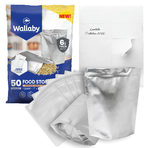 Wallaby 1-Quart Gusset Mylar Bag Bundle - 50x (6 Mil - 7" x 10") Stand-Up Zipper Pouches + 50x Labels - Heat Sealable, Food Safe, & Reliable Long Term-Food Storage Solutions - Silver - 50 1 Quart