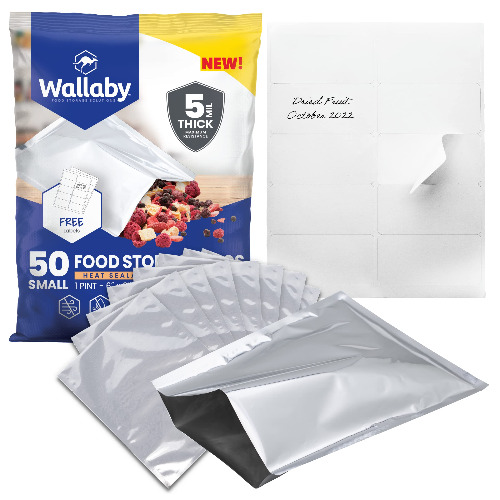 Wallaby 1-Pint Mylar Bag Bundle - 50x (5 Mil - 6" x 8") Mylar Bags + 50x Labels - Heat Sealable, Food Safe, & Reliable Long Term Food Storage Solutions - Silver - 50 1 Pint