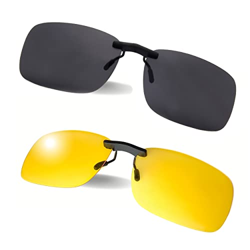 BLUE CUT Clip on Polarized Night Vision, Driving Sunglasses UV 400 Blocker To Wear Over Prescription Glasses - Grey-yellow