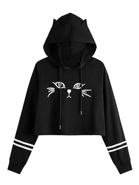 SweatyRocks Women's Long Sleeve Hoodie Crop Top Cat Print Sweatshirt - Large - Stripe Black