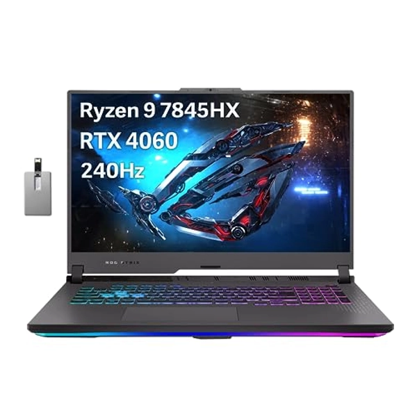 ASUS 2023 ROG Strix G17 17.3” QHD 240Hz Gaming Laptop, AMD Ryzen 9-7845HX, NVIDIA GeForce RTX 4060, 32GB DDR5, 2TB PCIe SSD, RGB Backlit Keyboard, Wi-Fi 6E, Win 11 Home, Gray, 32GB Snowbell USB Card