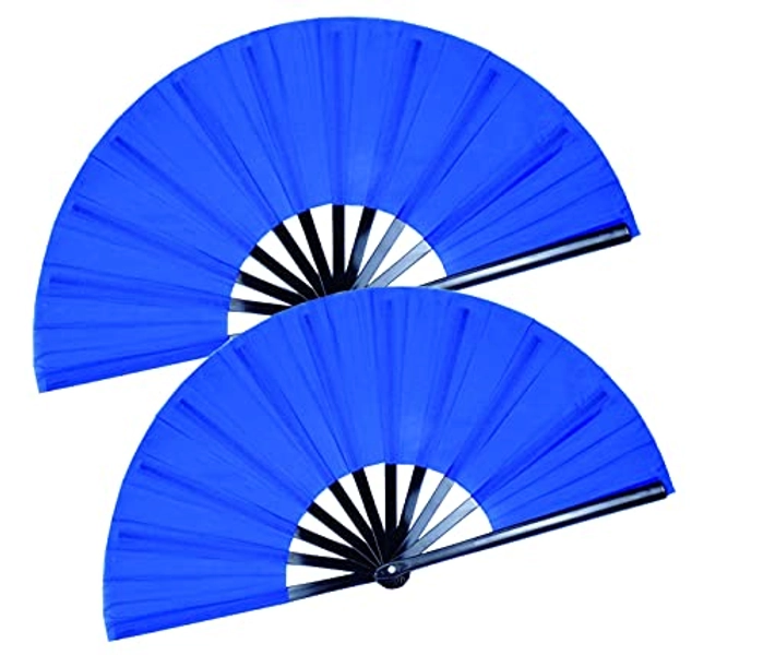 HONSHEN 2 Pack Large Folding Hand Fan, blue Chinese Kung Fu Tai Chi Fan Nylon-Cloth Fan For Men And Women Performance, Dance, Decorations, Festival, Gift (Folding fan blue 2p)