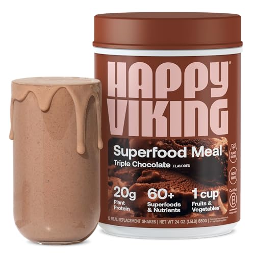 Happy Viking Triple Chocolate Protein Powder, Created by Venus Williams, 20G Protein, Low Carb, Keto, Vegan, Gluten-Free, Non-GMO, Superfoods, Complete Meal Replacement, 1 Canister (24 oz.) - Chocolate - 1.5 Pound (Pack of 1)