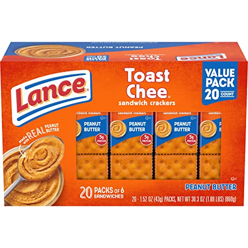 Lance Sandwich Crackers, ToastChee Peanut Butter, 20 Individually Wrapped Packs, 6 Sandwiches Each (Pack of 6) - ToastChee Peanut Butter - 1.29 Ounce (Pack of 120)
