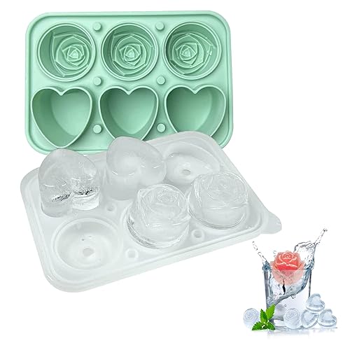 Bac a Glacons Forme de Rose et Cœur en Silicone, Bac à Glaçons Silicone avec Couvercle, Bac à Glaçons aux Fruits DIY Plateaux Moules à Glaçons de glace pour Whisky Boisson - Vert - 1 Pack