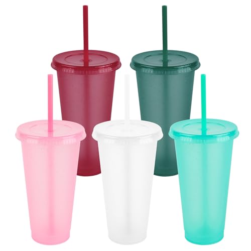 5 pièces colorées gobelets réutilisables en plastique avec couvercle et pailles, gobelets 24oz,incassables,pour les fêtes,le camping et les enfants,gobelets en plastique