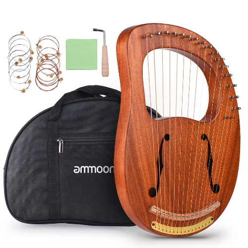 ￼TO ammoon WH-16 16-String Wooden Lyre Harp Metal Strings Solid Wood String Instrument with Carry Bag Tuning Wrench Cleaning Spare Strings Cloth MusicBook