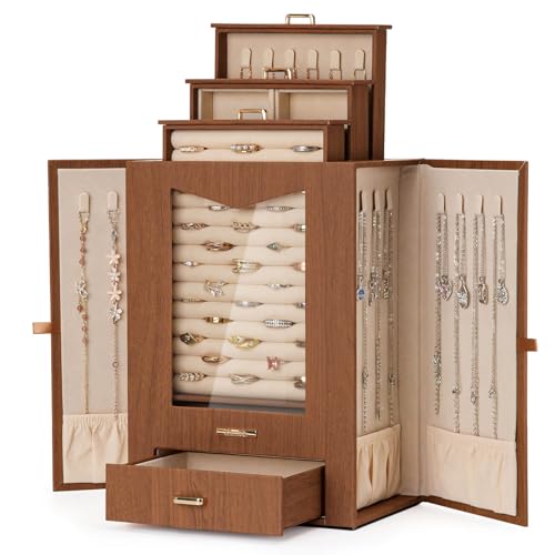Homde Jewelry Organizer with Transparent Window Necklace Hooks Gift for Women Jewelry Box Display Case for Necklaces Rings Earrings Bracelets and Other Jewelry Accessories (Brown) - Brown