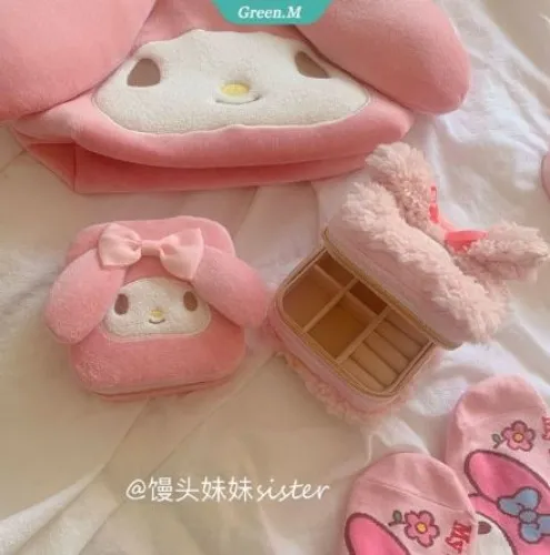 PINK Sanrio Kawaii Mini Jewelry Storage Box My Melody Plush Portable Jewelry Boxes Ring Earring Storage