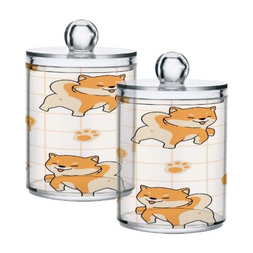 Kigai Cute Shiba Inu Qtip Holder Set of 2 - 14OZ Clear Plastic Apothecary Jars with Lids Bathroom Container Organizer Dispenser for Cotton Ball, Cotton Swab, Candy, Floss, Spices - 2