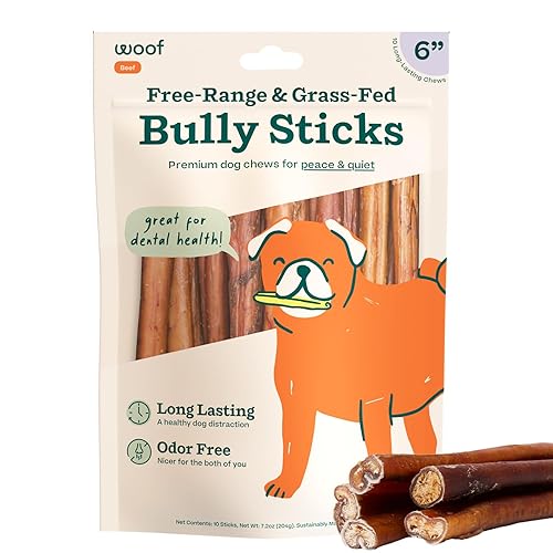 WOOF Bully Sticks Dog Treats - Chew Sticks for Dogs - Long-Lasting Dog Chew Treats - Dog Products Made with Free-Range, Grass-Fed Beef - 6" Sticks - 10pk - 6 Inch (Pack of 10)