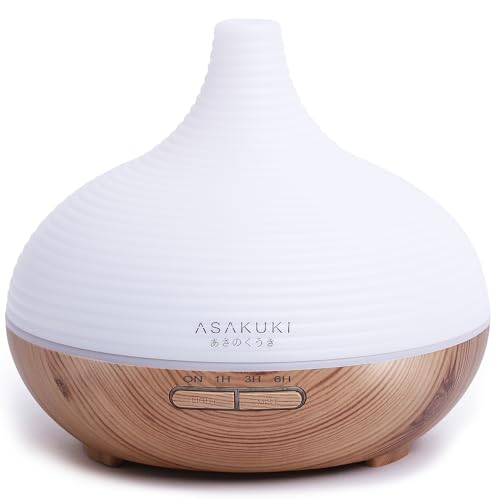 ASAKUKI 300ML Essential Oil Diffuser, Wood Grain BPA-Free Whisper Quiet Cool Mist Humidifier, Natural Home Fragrance Diffuser with 14 Colors LED Lights and Easy to Clean - Light Brown - Light Wood